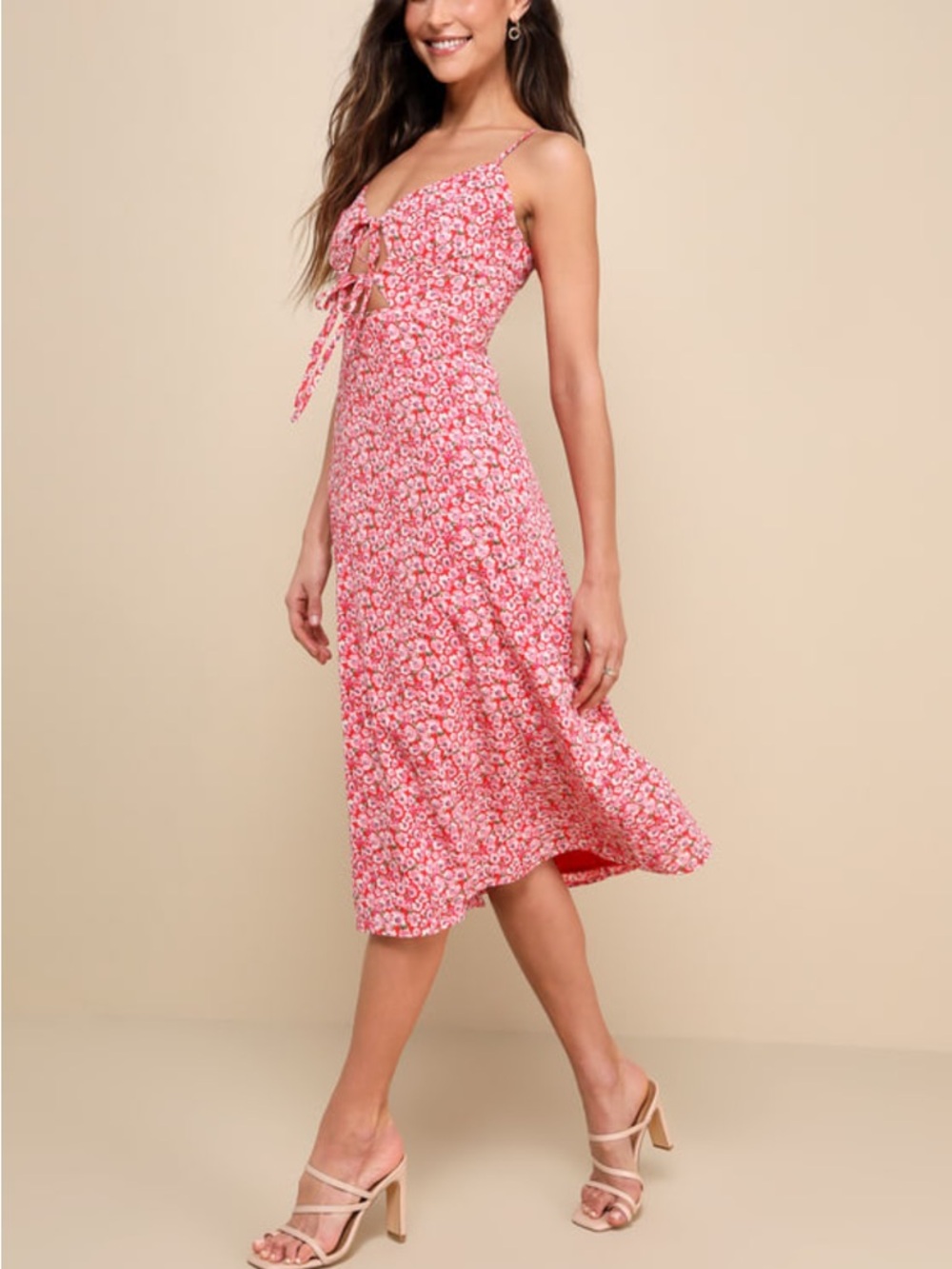 NWT Lulus Intricate Sweetness Red Floral Tie Front Sleeveless Midi Dress Size L - Picture 14 of 14